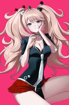 Rule 34 | 1girl, absurdres, bear hair ornament, black shirt, blonde hair, blood, blue eyes, bow, breasts, cleavage, collarbone, commentary request, danganronpa: trigger happy havoc, danganronpa (series), enoshima junko, frown, hair ornament, highres, kn0309dg, large breasts, long hair, looking at viewer, miniskirt, mushroom on head, nail polish, necktie, pink blood, red bow, red nails, red skirt, sad, shirt, skirt, smile, solo, twintails