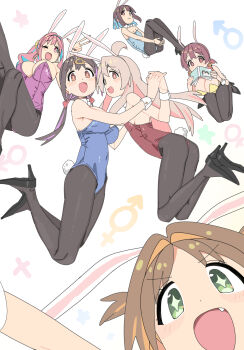 6+girls :d ;d absurdres ahoge animal_ear_hairband animal_ears bare_arms bare_shoulders black_pantyhose black_shoes blue_hair blue_leotard blush_stickers book breasts brown_eyes brown_hair colored_inner_hair commentary covered_navel diamond-shaped_pupils diamond_(shape) earrings fake_animal_ears fang fingernails flat_chest green_eyes hair_between_eyes hair_intakes hair_ornament hairband hairclip high_heels highres holding holding_book holding_hands hoop_earrings hozuki_kaede hozuki_momiji hugging_own_legs jewelry large_breasts leotard long_fingernails long_hair looking_at_viewer low_twintails male-female_symbol mangpum_(taro109210) mars_symbol matching_outfits multicolored_hair multiple_girls murosaki_miyo nail_polish oka_asahi one_eye_closed onii-chan_wa_oshimai! open_mouth orange_hair oyama_mahiro oyama_mihari pantyhose pink_hair pink_leotard pink_nails playboy_bunny rabbit_ears rabbit_tail red_eyes red_hair red_leotard shoes short_hair siblings side_ponytail simple_background sisters small_breasts smile strapless strapless_leotard symbol-shaped_pupils tail twintails two-tone_hair venus_symbol w white_background wrist_cuffs yellow_leotard