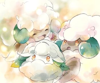 :d :o asakirirokuyu bright_pupils closed_eyes commentary_request cottonee evolutionary_line gen_5_pokemon nintendo no_humans open_mouth pokemon pokemon_(creature) smile tongue whimsicott yellow_eyes