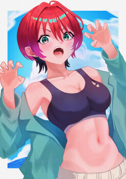 1girl amate_yuzuriha aqua_eyes aqua_shirt black_bra bra breasts cleavage cloud cloudy_sky commentary earrings gundam gundam_gquuuuuux highres jewelry kachillust501 large_breasts looking_at_viewer midriff navel open_clothes open_mouth open_shirt outside_border red_hair shirt short_hair sky solo sports_bra stud_earrings teeth underwear upper_teeth_only white_background