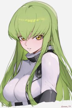 1girl bodysuit breasts c.c. code_geass green_hair highres long_hair looking_at_viewer medium_breasts open_mouth simple_background sooon white_background white_bodysuit yellow_eyes