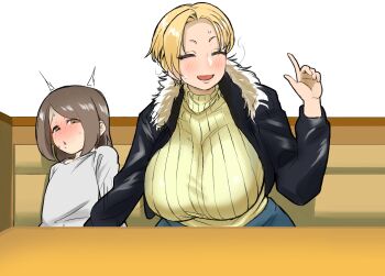 1boy 1girl absurdres age_difference artist_request blush breasts cleavage closed_eyes from_front handjob highres huge_breasts large_breasts leaning_back leaning_forward mature_female obstructed_view onee-shota public_indecency restaurant short_hair shota sitting size_difference smile stealth_handjob stealth_sex table