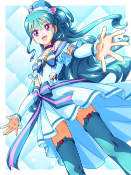 1girl :d aqua_background aqua_boots aqua_bow aqua_hair argyle_background arm_warmers bare_shoulders blue_bow blue_choker boots border bow brooch choker collarbone commentary cowboy_shot cure_lillian dress dress_bow earrings frilled_arm_warmers frilled_dress frilled_thighhighs frills hat heart heart_brooch highres jewelry legs_apart long_hair looking_at_viewer magical_girl medium_dress mimimix mini_hat mini_top_hat multicolored_bow nekoyashiki_mayu off-shoulder_dress off_shoulder open_mouth outside_border outstretched_hand pact_holder pearl_earrings pink_eyes ponytail pouch precure reaching reaching_towards_viewer shiny_cats_pact side_ponytail smile solo spread_fingers standing striped_bow thigh_boots thighhighs tilted_headwear top_hat very_long_hair white_arm_warmers white_border white_dress wonderful_precure! zettai_ryouiki