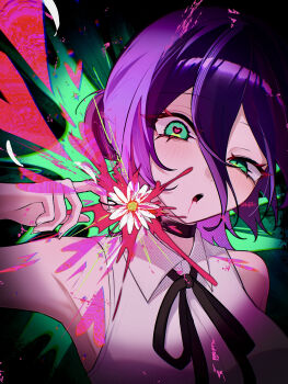 1girl ama_some_(kr0ri) black_choker black_ribbon blood blood_from_mouth chainsaw_man choker collared_shirt flower green_eyes hair_between_eyes hair_bun heart heart-shaped_pupils highres neck_ribbon open_mouth purple_hair reze_(chainsaw_man) ribbon shirt sleeveless sleeveless_shirt solo symbol-shaped_pupils white_flower white_shirt