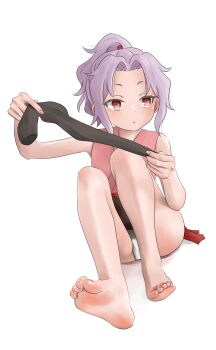 1girl barefoot black_skirt black_thighhighs closed_mouth confused dot_nose dressing eyelashes female_focus fingernails full_body hands_up japanese_clothes kimono knees_up kosode kunoichi_tsubaki_no_mune_no_uchi loli looking_afar medium_hair panties pantyhose pantyshot pink_kimono ponytail purple_hair red_eyes sazanka_(kunoichi_tsubaki_no_mune_no_uchi) shirow_(mha03133) simple_background skirt sleeveless sleeveless_kimono solo thighhighs toes underwear unworn_thighhighs white_background white_panties