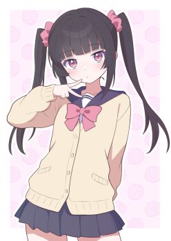 Rule 34 | 1girl, absurdres, arm behind back, black hair, black sailor collar, black skirt, blunt bangs, border, bow, bowtie, cardigan, closed mouth, commentary request, cowboy shot, expressionless, gmkz kawaii, hair intakes, highres, light blush, long hair, long sleeves, looking at viewer, miniskirt, outline, pink background, pink bow, pink bowtie, pink eyes, sailor collar, senki zesshou symphogear, sidelocks, simple background, skirt, solo, tsukuyomi shirabe, twintails, v, white border, white outline, yellow cardigan