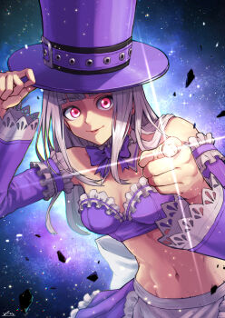 1girl absurdres adjusting_clothes adjusting_headwear apron arm_up bare_shoulders bow bowtie breasts cleavage commentary_request detached_sleeves frilled_apron frilled_skirt frilled_sleeves frills hand_up hat highres ingrid_(capcom) ingrid_(midnight_bliss)_(capcom) long_hair looking_at_viewer medium_breasts midnight_bliss nankou_(koutanan) navel parted_lips pointing pointing_at_viewer purple_bow purple_bowtie purple_hat purple_skirt purple_sleeves red_eyes skirt smile solo street_fighter street_fighter_6 top_hat waist_apron white_apron white_hair