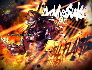 Rule 34 | 1boy, animification, black shirt, brown hair, character name, commentary, dj myosuke, ear piercing, english commentary, english text, facial hair, fire, glasses, goatee, hardcore tano-c, highres, j-core, japanese stream hardcore, kim (mythrilwarheads), long hair, long sleeves, male focus, mustache, open mouth, piercing, real life, round eyewear, sharp teeth, shirt, solo, teeth, tinted eyewear, upper body