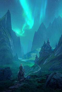 absurdres assassin's_creed:_valhalla assassin's_creed_(series) aurora blonde_hair building commentary english_commentary from_behind grass highres hill horseback_riding landscape mountain night nordic_clothing outdoors raphael-lacoste riding rock scenery signature sky star_(sky) starry_sky valley viking