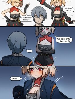 absurdres black_skirt blonde_hair blush burnice_white dark_background dorahdew grey_hair highres jacket jacket_on_shoulders miniskirt no_nut_november oversized_clothes red_eyes skirt steam teasing white_background wise_(zenless_zone_zero) zenless_zone_zero