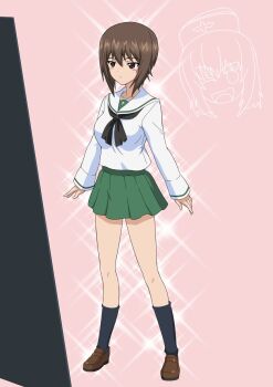 2girls black_neckerchief black_socks blouse breasts brown_eyes brown_hair commentary_request cross eyes_visible_through_hair full_body girls_und_panzer glowing green_skirt hair_between_eyes highres itsumi_erika loafers long_sleeves miniskirt multiple_girls nao_(nao_puku777) neckerchief nishizumi_maho ooarai_school_uniform pink_background pleated_skirt sailor_collar school_uniform serafuku shirt shoes short_hair skirt socks solo white_sailor_collar white_shirt