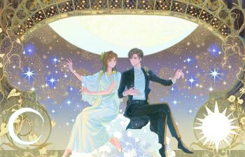 1boy 1girl absurdres artem_wing_(tears_of_themis) barefoot black_coat black_shoes black_suit brown_hair coat commentary dress formal_clothes highres lingcod_dayu long_hair looking_at_another moon ornate plant rosa_(tears_of_themis) shirt shoes short_hair sitting star_(symbol) suit sun symbol-only_commentary tears_of_themis white_dress white_shirt