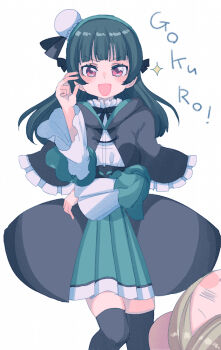 1girl black_capelet black_ribbon black_skirt black_thighhighs blue_hair blunt_bangs blush bun_cover capelet commentary cream_(nipakupa) dark_blue_hair feet_out_of_frame frilled_shirt frills green_skirt hair_bun hand_up long_hair long_sleeves love_live! love_live!_sunshine!! medium_skirt neck_ribbon over-kneehighs pink_eyes pleated_skirt ribbon romaji_text shirt simple_background single_side_bun skirt solo_focus sparkle thighhighs translation_request tsushima_yoshiko v-shaped_eyebrows white_background white_shirt