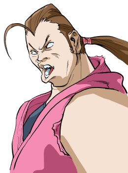 Rule 34 | 1boy, bengus, brown hair, capcom, dougi, game cg, hibiki dan, highres, male focus, muscular, muscular male, non-web source, official art, open mouth, ponytail, portrait, short hair, sideways glance, simple background, sleeveless, solo, street fighter, street fighter zero (series), torn clothes, torn sleeves, undershirt, upper body, v-shaped eyebrows, white background