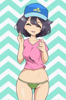 1girl ^_^ animated animated_gif baseball_cap black_hair blue_eyes blue_hat breasts cameltoe closed_eyes crop_top female_focus female_protagonist_(pokemon_ww) finger_gun green_panties hat huge_filesize looking_at_viewer microsd_(pibo) midriff navel nintendo panties pink_shirt pokemon pokemon_winds_and_waves shirt short_hair small_breasts smile solo striped_background thigh_gap thong ugoira underwear