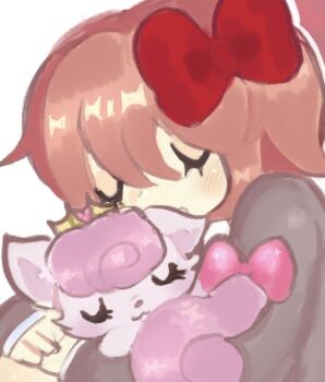 2girls animal animal_ears beauty_(palace_pets) blush bow cat cat_ears cat_tail closed_eyes commentary crossover cuddling doki_doki_literature_club doki_doki_literature_club_school_uniform english_commentary girluppi gold_tiara hair_bow heart holding holding_animal multiple_girls orange_hair palace_pets pink_bow pink_cat red_bow sayori_(doki_doki_literature_club) school_uniform tail white_background