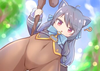 1girl ? absurdres animal_ears ascaro black_hair borrowed_character female_focus highres holding holding_staff loli long_hair looking_at_viewer looking_down navel open_mouth original red_eyes solo staff svartlilja_(vrchat)