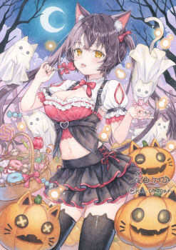 1girl animal_ears black_hair black_skirt black_thighhighs bow breasts candy cat cat_ears cat_girl cat_tail commentary dress feet_out_of_frame food ghost graveyard halloween halloween_costume highres jack-o&#039;-lantern large_breasts long_hair looking_at_viewer nail_polish navel night night_sky omagari_kei original outdoors pumpkin red_bow red_eyes skirt sky solo standing star_(sky) symbol-only_commentary tail thighhighs tongue tongue_out tree twintails