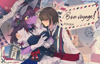 1girl 1other 2020 absurdres alternate_breast_size_(larger) alternate_costume antenna_hair baguette black_vest blue_bow blue_bowtie blue_corset blue_necktie blue_umbrella blush bow bowtie bread breasts brown_hair buttons center_frills closed_mouth collared_shirt colored_sclera colored_skin commentary_request corset covered_eyes dated deltarune diagonal-striped_bow diagonal-striped_clothes diagonal-striped_necktie double-breasted eiffel_tower face-to-face facing_another flag_print flower food freckles french_flag french_flag_print frills frown furry furry_female furry_with_non-furry gloves gold_buttons hair_over_eyes hand_on_another&#039;s_shoulder hat hat_bow hat_flower highres holding holding_umbrella interspecies komugiko_(bitte_komu) kris_(deltarune) large_breasts leaf long_hair long_sleeves looking_at_another necktie other_with_female other_with_male outline petticoat pink_ribbon polka_dot polka_dot_ribbon puffy_long_sleeves puffy_short_sleeves puffy_sleeves purple_eyes purple_skin purple_sky red_bow red_umbrella reptile_girl ribbon shirt short_hair short_sleeves skirt sky sleeve_bow smile striped_bow striped_clothes striped_skirt susie_(deltarune) umbrella upper_body utdr_(toby_fox) vest white_bow white_flower white_gloves white_hat white_outline white_shirt yellow_sclera