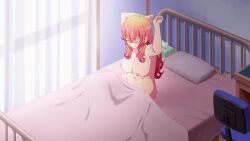 >_< 1boy 1girl agatsuma_makina akutsu_eita android animated anime_screenshot arms_behind_head arms_up ass backboob bed blue_eyes blush bouncing_breasts breasts brown_hair closed_eyes clothed_male_nude_female collarbone completely_nude feet glasses gradient_hair groin hair_between_eyes hand_on_own_chest highres kakushite!_makina-san!! large_breasts long_hair multicolored_hair nail_polish navel nipples nude on_bed orange_hair outstretched_arms partially_visible_vulva pink_hair red_hair robot robot_girl sidelocks sitting smile sound stomach tagme thighs video wide_hips