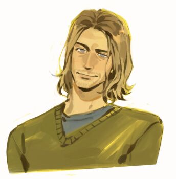 1boy beard_stubble blonde_hair blue_eyes blue_shirt closed_mouth commentary cropped_arms english_commentary facial_hair green_sweater highres kunnuscumnus kurt_cobain male_focus medium_hair nirvana_(band) no_pupils parted_hair real_life shirt shirt_under_sweater simple_background smile stubble sweater v-neck wavy_ends white_background