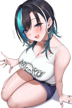 Rule 34 | 1girl, absurdres, aqua hair, arisugawa ya, arm support, bare arms, belt, black hair, blue shorts, blush, breasts, collarbone, commentary request, denim, denim shorts, earrings, highres, hololive, hololive dev is, jewelry, large breasts, long hair, multicolored hair, necklace, open mouth, rindo chihaya, rindo chihaya (1st costume), ring, short shorts, shorts, simple background, sitting, smile, solo, steering wheel, streaked hair, tank top, thighs, virtual youtuber, white background, white hair, white tank top