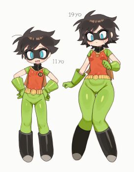 1girl age_progression batrobin_k belt black_hair blue_eyes blush bodysuit boots breasts bright_pupils cameltoe cape closed_mouth commentary domino_mask english_commentary eye_mask full_body gloves green_gloves hands_on_own_hips highres knee_boots looking_at_viewer mask multiple_views open_mouth original robin_(batrobin_k) short_hair simple_background small_breasts smile standing superhero_costume sweat teeth thigh_gap upper_teeth_only white_background