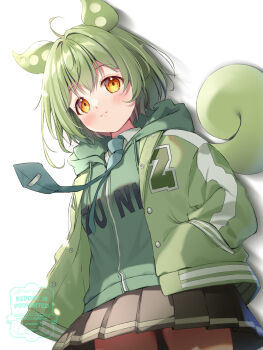 1girl ahoge animal_ears blush brown_skirt closed_mouth commentary_request cowboy_shot edamame green_hair green_hoodie green_jacket green_necktie hands_in_pockets highres hood hood_down hoodie jacket long_hair mikeou necktie open_clothes open_jacket pleated_skirt simple_background skirt solo voicevox watermark white_background yellow_eyes zundamon