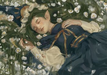 Rule 34 | 1girl, blue cape, blue dress, blue hat, cape, closed mouth, dress, flower, grass, green hair, hashtag-only commentary, hat, hatsburg, highres, long hair, long sleeves, lying, mima (touhou), on back, parted lips, pointy ears, solo, touhou, touhou (pc-98), white flower, wizard hat