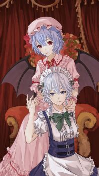 Rule 34 | 2girls, absurdres, bat wings, blue eyes, blue skirt, bow, bowtie, breasts, chinese commentary, closed mouth, commentary, curtains, frilled hat, frilled shirt collar, frilled skirt, frilled sleeves, frills, green bow, green bowtie, grey hair, hair between eyes, hair bow, hat, hat ribbon, high heels, highres, interlocked fingers, izayoi sakuya, layered skirt, long skirt, looking at viewer, maid headdress, medium breasts, medium hair, mob cap, multiple girls, parted lips, pink hat, pink shirt, pink skirt, puffy short sleeves, puffy sleeves, purple hair, red eyes, red ribbon, remilia scarlet, ribbon, shirt, short hair, short sleeves, skirt, smile, suspenders, throne, touhou, user zkmt4772, white shirt, wings