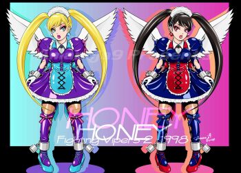 Rule 34 | 1998, 2girls, alternate color, amanoja9, black hair, blonde hair, blue dress, clone, dress, fighting vipers, fighting vipers 2, hairband, highres, honey (fighting vipers), multiple girls, purple dress, sega, tagme, twintails