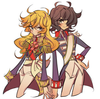 1boy 1girl aiguillette andre_grandier androgynous black_hair blonde_hair blue_eyes blue_jacket closed_mouth commentary cropped_legs epaulettes green_eyes hair_over_one_eye hand_on_own_hip jacket long_hair long_sleeves looking_at_viewer meremero oscar_francois_de_jarjayes pants sash simple_background smile standing symbol-only_commentary versailles_no_bara white_background white_pants white_sash