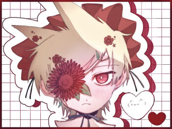 Rule 34 | 1boy, alternate costume, animification, bonnet, border, bright pupils, brown hair, commentary, cropped head, eddsworld, emoticon, fang, flower, flower over eye, grid background, hair ears, hair flower, hair ornament, heart, kaomoji, looking at viewer, male focus, outline, red bonnet, red border, red eyes, red flower, short hair, simple background, sn se u uwu, solo, tord (eddsworld), white outline, white pupils