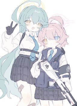 2girls age_difference ahoge arm_around_shoulder armband bandaid bandaid_on_knee bandaid_on_leg beretta_1301 black_armband black_gloves black_skirt blue_archive blue_eyes blue_necktie blue_vest blush chest_harness collared_shirt feet_out_of_frame gloves green_hair gun half-closed_eyes halo hand_up harness height_difference heterochromia highres holding holding_gun holding_weapon hoshino_(blue_archive) hoshino_(first_year)_(blue_archive) huge_ahoge long_hair long_sleeves looking_at_viewer multiple_girls nako_(nu_o0_) necktie onee-loli open_mouth pink_hair plaid_clothes plaid_skirt pleated_skirt school_uniform shirt short_hair shotgun simple_background skirt smile standing v very_long_hair vest weapon white_background yellow_eyes yume_(blue_archive)