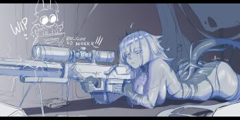 Rule 34 | 1girl, absurdres, ahoge, aiming, ass, black liquid, breasts, cleavage, collar, dress, emma llama, gloves, greyscale, gun, hair ornament, highres, holding, holding gun, holding weapon, indie virtual youtuber, ink, large breasts, liquid clothes, liquid dress, liquid from eyes, liquid tail, long hair, lying, monochrome, multicolored eyes, notanubi, on stomach, railgun, sheep hair ornament, solo, two-tone eyes, unfinished, very long hair, virtual youtuber, weapon