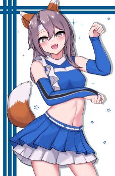 Rule 34 | 1girl, absurdres, alternate costume, animal ears, blue shirt, blue skirt, brown eyes, cheerleader, commentary request, fake tail, fang, fox ears, fox tail, grey hair, headband, highres, hokkaido nippon-ham fighters, kantai collection, kitsune dance, layered skirt, midriff, nippon professional baseball, paw pose, shirt, skirt, sleeveless, sleeveless shirt, solo, tail, tokiwa senkei, white headband, zuihou (kancolle)