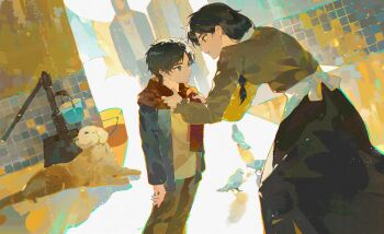 1girl 3boys adjusting_another's_clothes age_progression apron bird black_hair black_skirt blue_jacket breasts brothers brown_pants brown_shirt bucket bucket_of_water carla_yeager child clothesline commentary_request dog eren_yeager green_eyes hair_over_shoulder highres indoors jacket laundry looking_at_another medium_breasts mother_and_son multiple_boys pants parted_lips red_scarf scarf shingeki_no_kyojin shirt siblings skirt smile white_apron white_shirt xiyaa291325 zeke_yeager