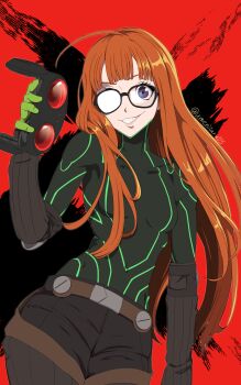 1girl absurdres ahoge black_bodysuit blunt_bangs bodysuit breasts covered_navel glasses goggles grin highres holding holding_goggles long_hair looking_at_viewer oracle_(persona_5) orange_hair persona persona_5 purple_eyes red_background sakura_futaba small_breasts smile solo teeth umenituru unworn_goggles very_long_hair