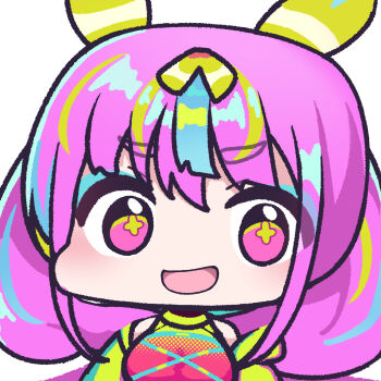 1girl :d absurdres breasts chibi chibi_only commentary_request girls'_frontline girls'_frontline_neural_cloud green_jacket highres jacket large_breasts long_hair open_clothes open_jacket open_mouth panatisia pink_eyes pink_hair pink_shirt puzzle_(neural_cloud) shirt simple_background sleeveless sleeveless_shirt smile solo symbol-shaped_pupils upper_body white_background x-shaped_pupils