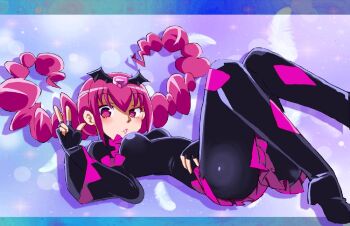 1girl animal_hair_ornament bad_end_happy bad_end_precure bat_hair_ornament black_boots black_dress black_gloves black_pantyhose blue_background blush boots braid breasts bubble_background dress feathers fingerless_gloves gloves hair_ornament high_heels long_hair long_sleeves looking_at_viewer lying magical_girl medium_breasts onnaski pantyhose parted_lips pink_eyes pink_hair precure purple_background raised_eyebrow smile_precure! sparkle sparkle_background teeth twin_braids two-tone_background w