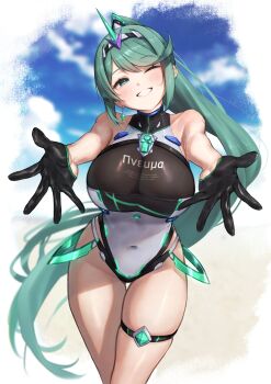 breasts green_hair grey_hair hakusai_(hksicabb) large_breasts one-piece_swimsuit pneuma_(xenoblade) ponytail solo swimsuit xenoblade_chronicles_(series) xenoblade_chronicles_2