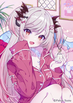 1girl :d black_bow blush bow breasts cleavage commentary_request copyright_notice feet_out_of_frame grey_hair hair_bow highres indie_virtual_youtuber long_sleeves multicolored_hair official_art open_mouth orange_eyes pink_bow pink_hair pink_shirt sample_watermark shirt sidelocks sitting smile solo streaked_hair suou_patra tatejima_uri two-tone_hair two_side_up virtual_youtuber watermark