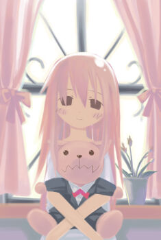 archived_source asami_natsuhito bad_link black_pants black_suit blush brown_hair collared_shirt crossed_arms curtains doll dress dress_shirt facing_viewer flower flower_pot formal_clothes hair_between_eyes head_tilt holding holding_doll lapels looking_at_viewer neck_ribbon no_lineart notched_lapels original pale_color pants pink_flower pink_hair pink_tulip red_ribbon ribbon shirt smile solid_eyes straight_hair suit tulip upper_body white_dress white_sleeves window windowsill wing_collar