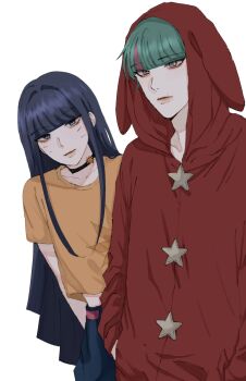 1boy 1girl aged_up aqua_hair black_choker blue_eyes boruto:_two_blue_vortex choker daemon_(naruto) facial_mark hair_intakes highres hood hoodie ifevilwhyuhot long_hair midriff mole mole_above_mouth multicolored_eyes multicolored_hair naruto_(series) purple_eyes purple_hair red_hoodie shirt sidelocks t-shirt two-tone_eyes two-tone_hair uzumaki_himawari very_long_hair whisker_markings yellow_eyes yellow_shirt