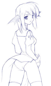 1girl 2000s_(style) ass blush breasts cowboy_shot demon_wings dress flat_ass from_behind greyscale head_wings juliet_sleeves kinoshita_ichi long_sleeves looking_at_viewer looking_back medium_breasts monochrome open_mouth panties priest_(ragnarok_online) puffy_sleeves ragnarok_online simple_background solo thighhighs underwear wind wind_lift wings