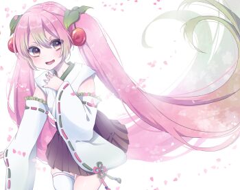 Rule 34 | 1girl, aomidori (em em37), asymmetrical legwear, blush, cherry hair ornament, commentary, detached sleeves, food-themed hair ornament, gradient hair, green hair, green nails, hair between eyes, hair ornament, hatsune miku, highres, japanese clothes, long hair, long sleeves, looking at viewer, mismatched legwear, multicolored hair, nontraditional miko, open mouth, pink eyes, pink hair, pink nails, pink skirt, pleated skirt, sakura miku, simple background, single thighhigh, skirt, smile, solo, symbol-only commentary, thighhighs, twintails, very long hair, vocaloid, white background, white thighhighs, wide sleeves