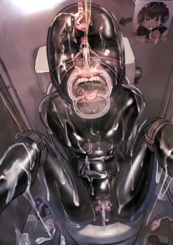 1girl absurdres bdsm black_hair bodysuit bondage bound breasts bukkake commission cum cum_on_body cumdump gimp_mask hair_between_eyes hairband highres human_toilet kilye_kairi latex latex_bodysuit mask nose_hook open_mouth original restrained saliva skeb_commission skin_tight solo spread_legs tongue tongue_out