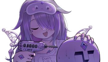 Rule 34 | 1girl, choker, closed mouth, gem, hair over one eye, hand jewel, highres, holding power drill, hololive, hololive english, jewel under eye, koseki bijou, koseki bijou (pebble pajamas), lace-trimmed choker, lace trim, long hair, mask, mask on head, metal wings, moai (koseki bijou), open mouth, purple gem, purple hair, purple nails, sanwanton, shirt, sleep mask, sweat, transparent background, virtual youtuber, white choker, white shirt