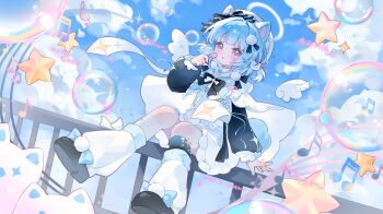 1girl :o absurdres animal_ear_fluff animal_ears black_bow black_bowtie black_shoes blowing_bubbles blue_hair blush bow bowtie cat_ears cat_girl cloud cyano day dress full_body grey_eyes hat highres long_sleeves musical_note open_mouth original outdoors shoes short_hair sitting socks solo sparkle star_(symbol) white_dress white_hat white_socks