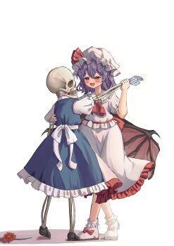 Rule 34 | 1girl, absurdres, ascot, bat wings, black shoes, blue dress, bow, brooch, commentary request, crossed legs, dancing, dress, flower, footwear bow, full body, hair between eyes, hand on another's back, hand on another's wrist, hat, heel up, highres, izayoi sakuya, jewelry, looking at another, mob cap, ninzin 88hon, open mouth, pink dress, pink hat, pink shoes, puffy short sleeves, puffy sleeves, purple eyes, red ascot, red bow, red eyes, red flower, remilia scarlet, shoes, short hair, short sleeves, simple background, skeleton, skull, smile, solo, touhou, white background, wings